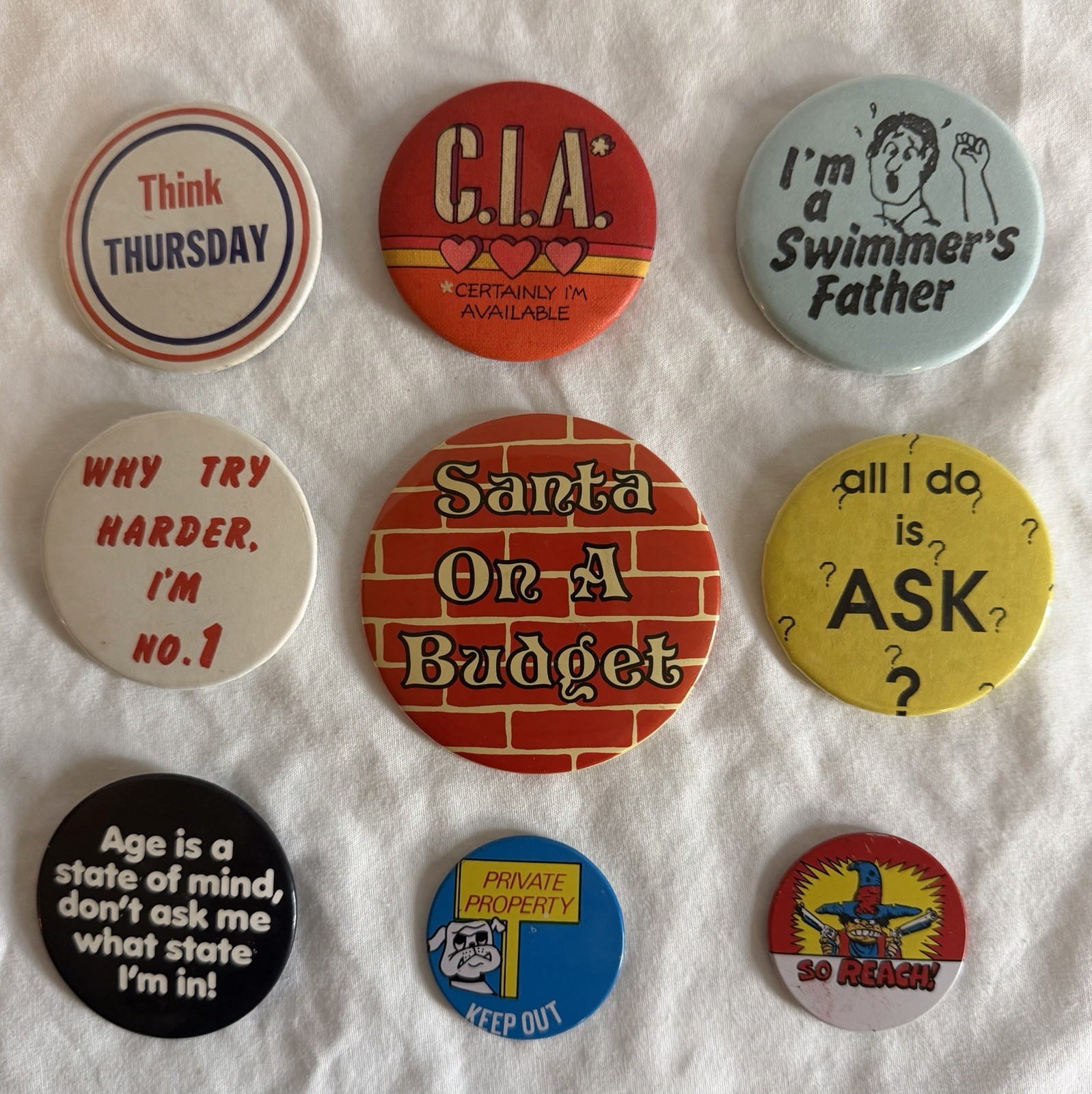 Vintage Novelty Humorous Slogan Pinback Buttons Lot of 9 Retro Humor Slang