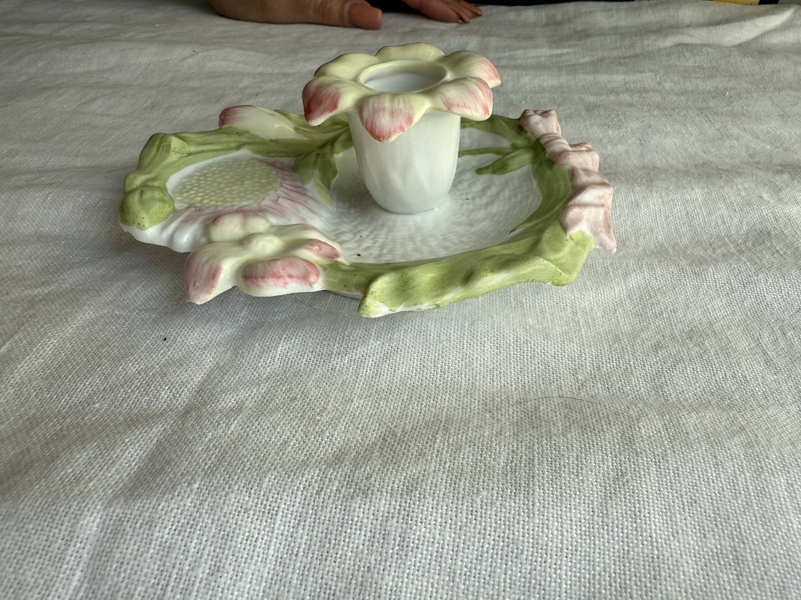 Majolica Art Nouveau Chamber Candle Holder Green,Pink Flower Shaped Antique VTG