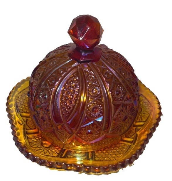 Nice Amber Iridescent  Carnival Glass Covered Dish w Lid Geometric Design Sunset