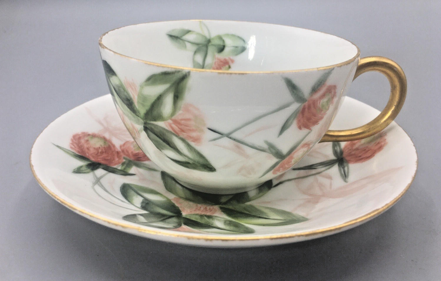 CH Field Haviland Limoges Teacup & Saucer CFH/GDM Pink Floral Clover Antique