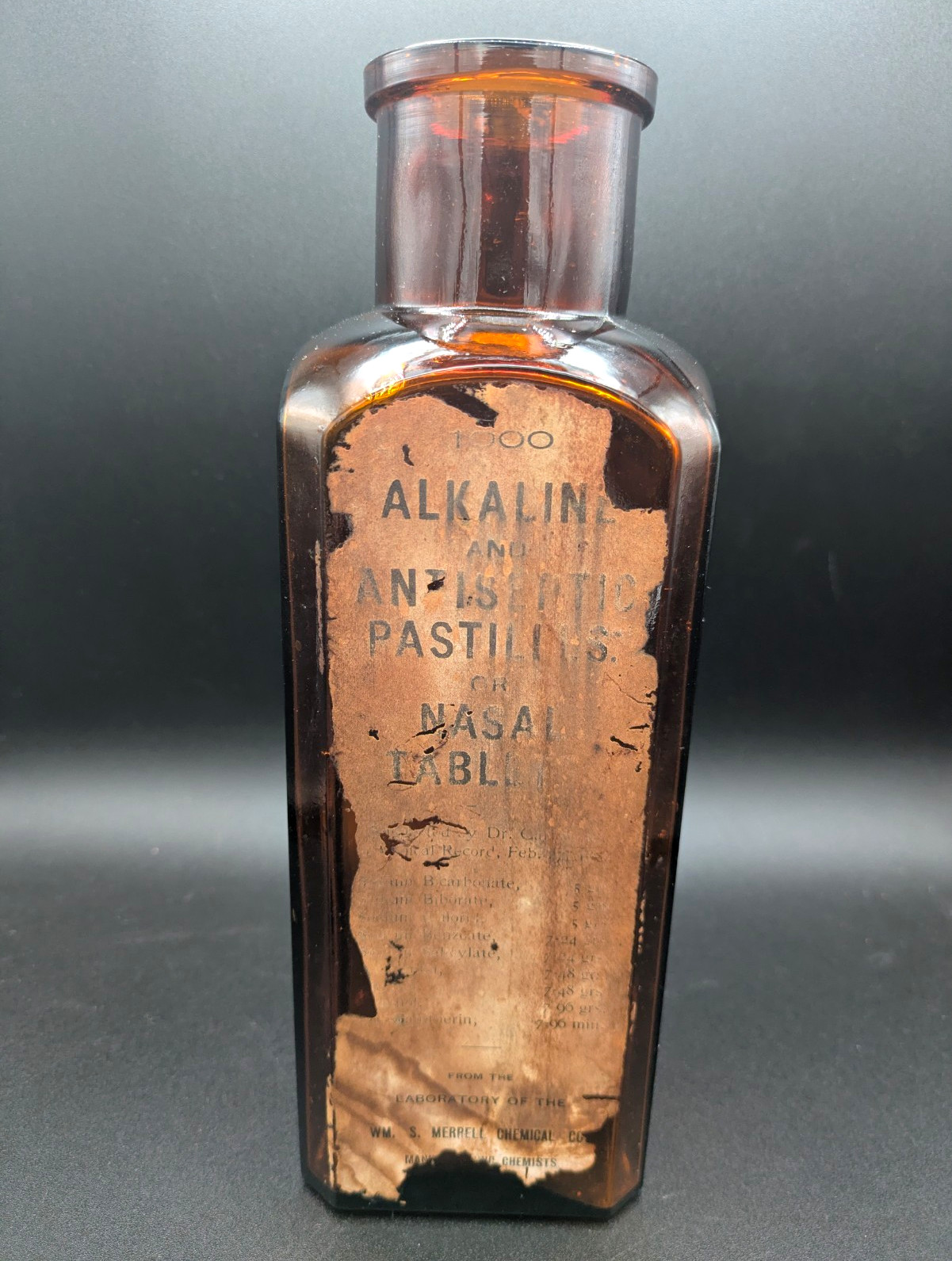 Antique Amber Glass Apothecary Bottle Wm S Merrell Cincinnati OH 9.5” Label