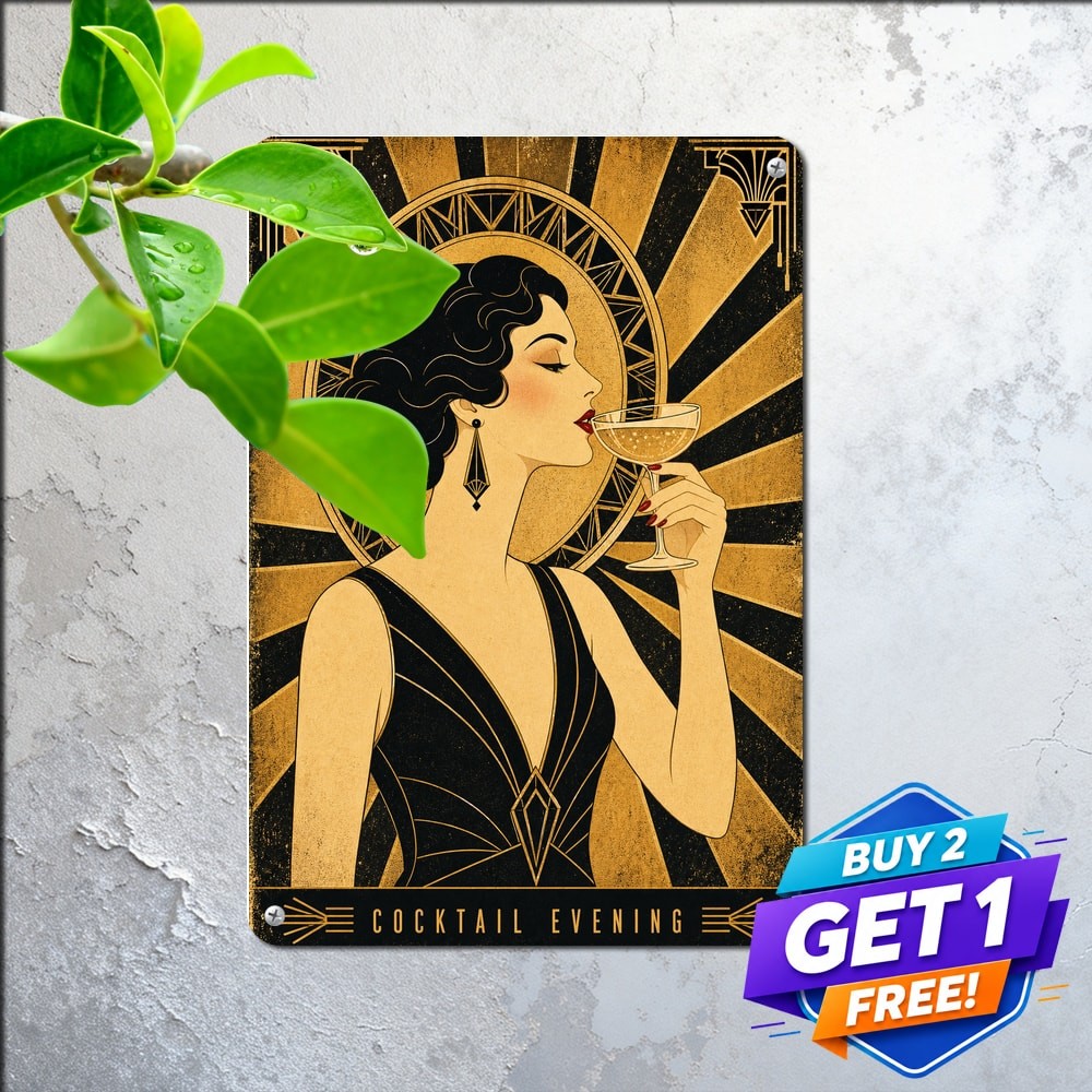 Elegant Female Figure Champagne Tin Sign Art Deco Lounge Bar Metal Plaque