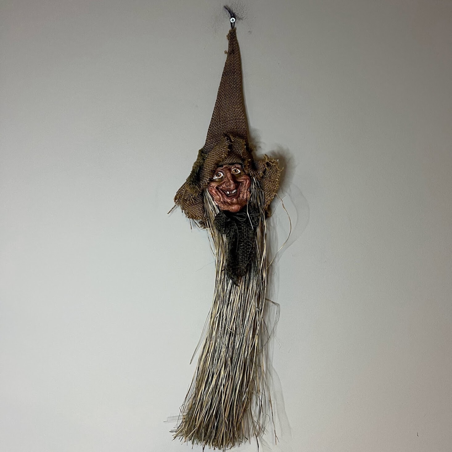 VTG Folk Art Handmade Witch Head Primitive Halloween Horror Witch Hat Straw