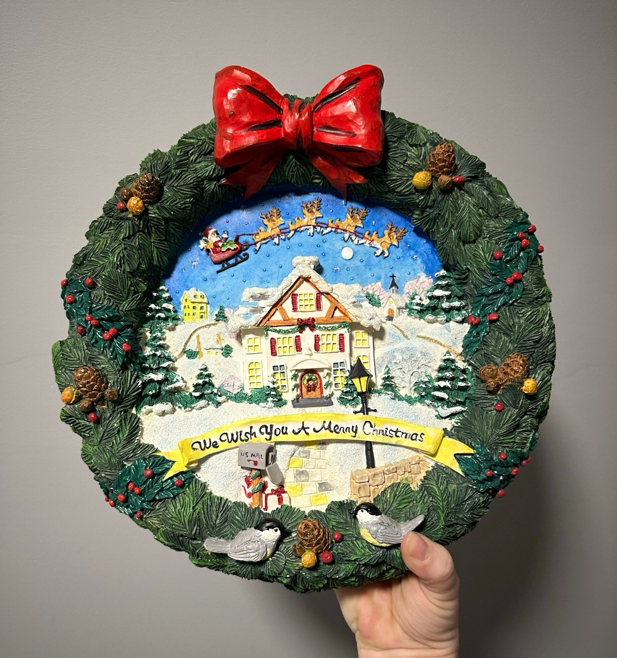 Vintage 1994 Kurt S Adler Musical Christmas Wreath Wall Plaque Santa Resin