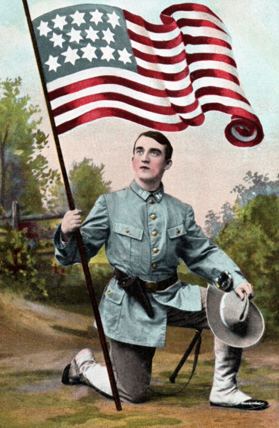 Spanish Philippine American War Era US Army Soldier Postcard Kneel For Flag 