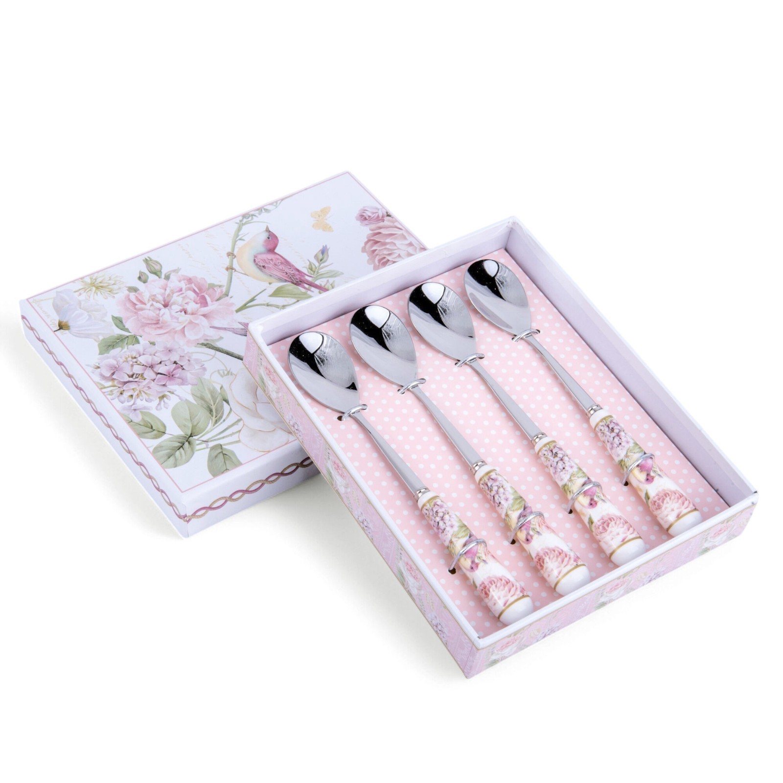 Birds in Rose Garden Teaspoon Set Stainless Steel Spoons with Ceramic Handle