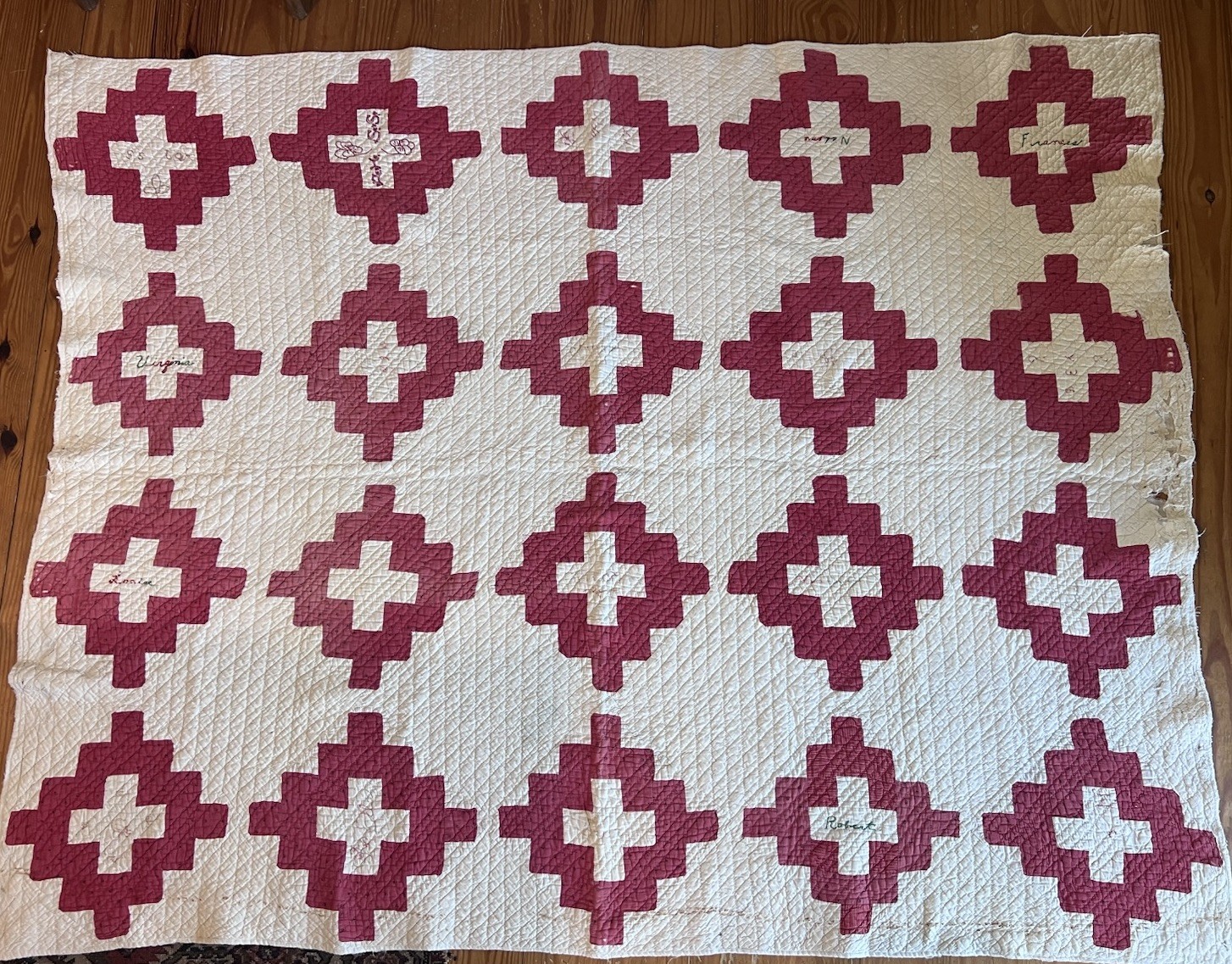 Antique 1890s-1910s Friendship Signature Quilt Chimney Sweep Turkey Red Calico