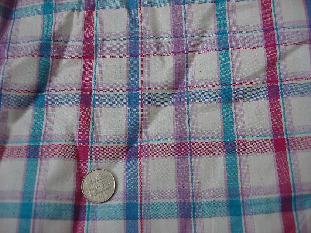 Vintage Cotton Fabric CREAM, BLUE,TEAL,BURGUNDY PLAID 1 Yd/45