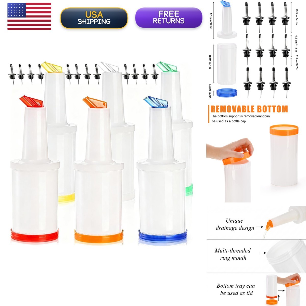 Tebery 6 Pack 34 OZ Plastic Juice Pour Bottles with 12 Stainless Steel Pourer