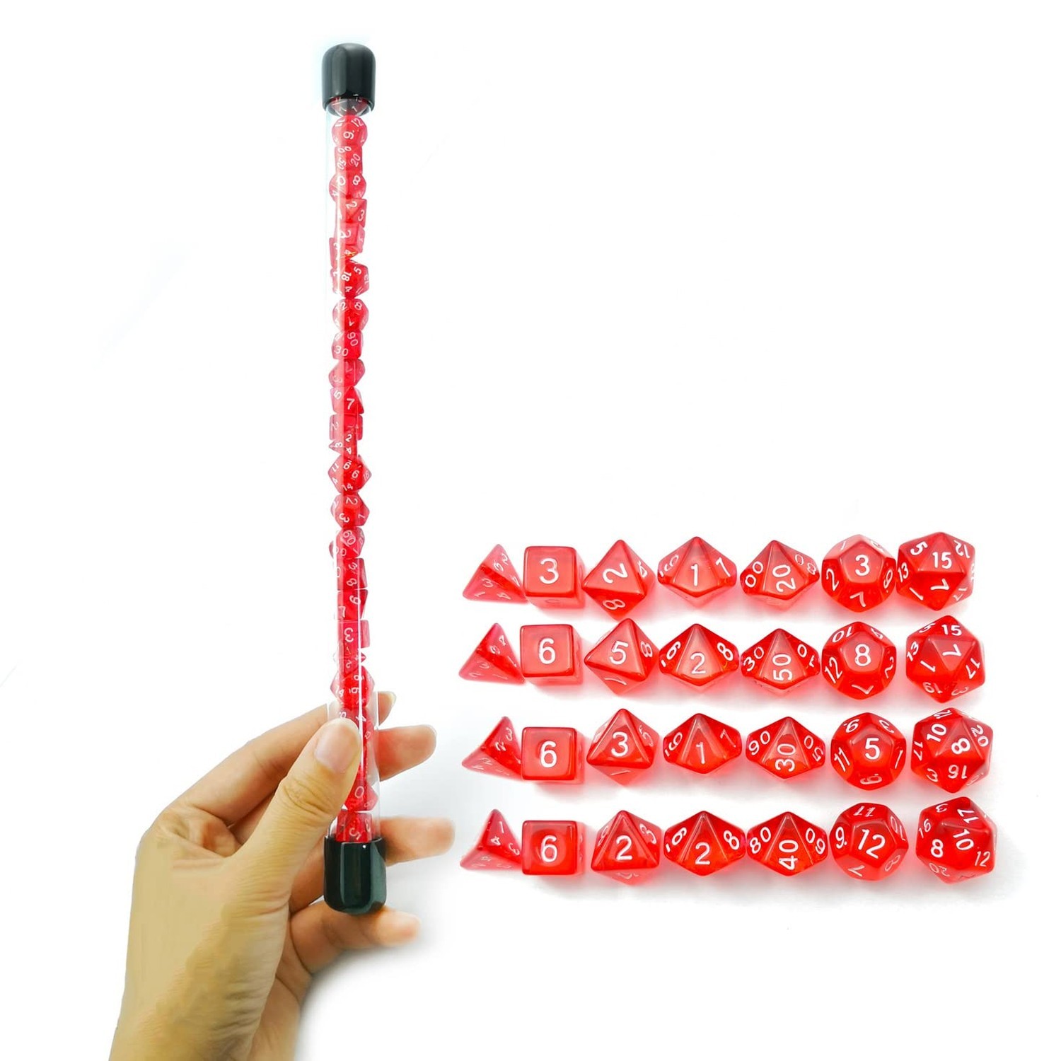 Bescon 28-Piece Translucent Red Mini Polyhedral Dice Set, 4 Complete 7-Die Se...