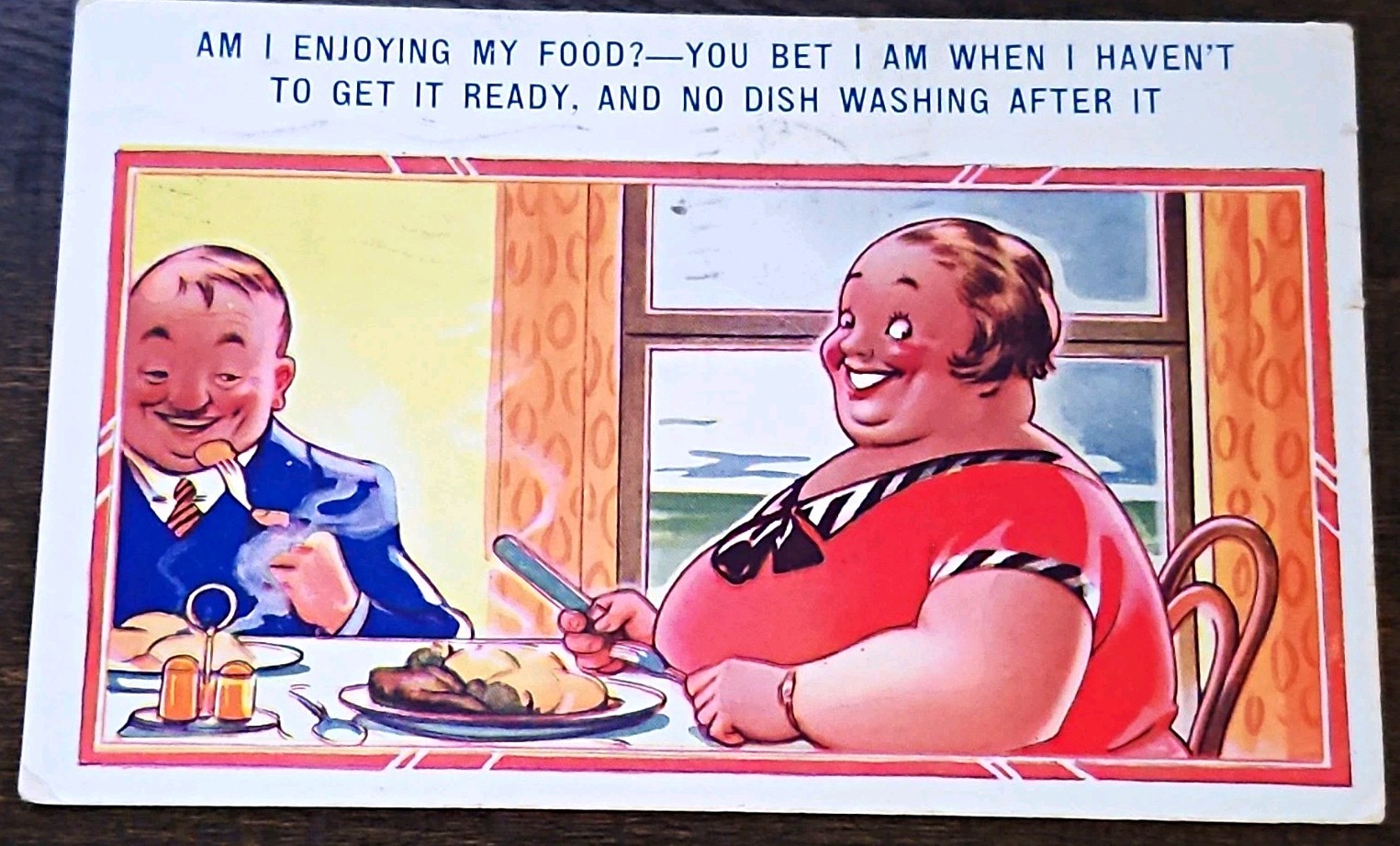 Humor Comic Dining Couple Postcard \'Am I Enjoying My Food? You Bet I Am\' Posted