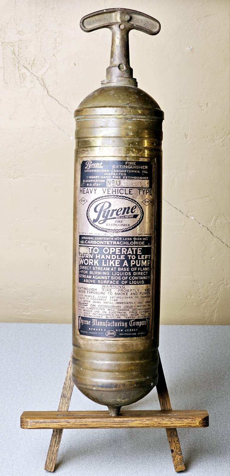 Brass Pyrene Heavy Vehicle Fire Extinguisher Pump Empty Vintage Art Deco Heavy