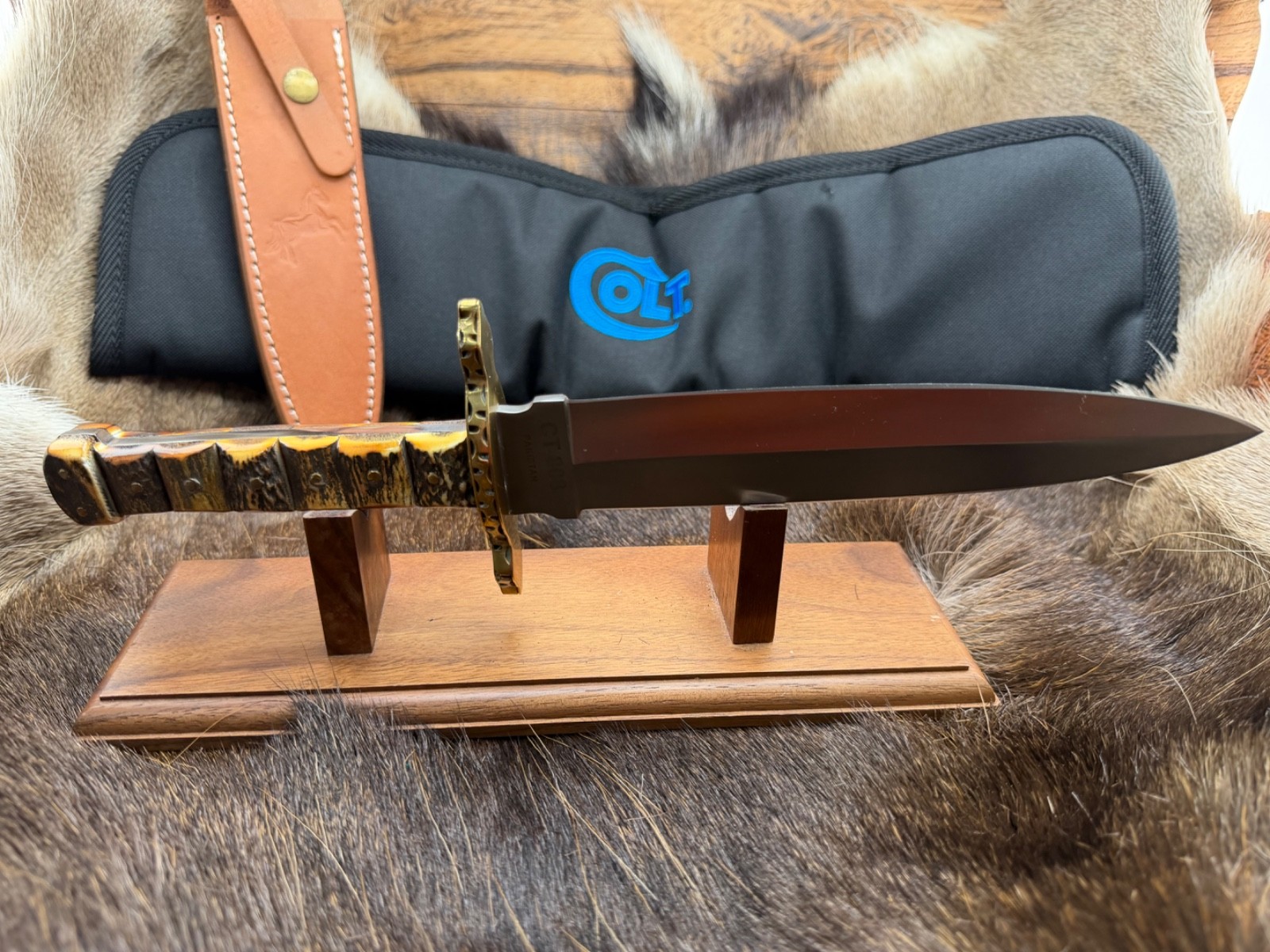 Sam Colt Knife Dagger Knife With Stag Handle & Leather Sheath Mint In Pouch C6