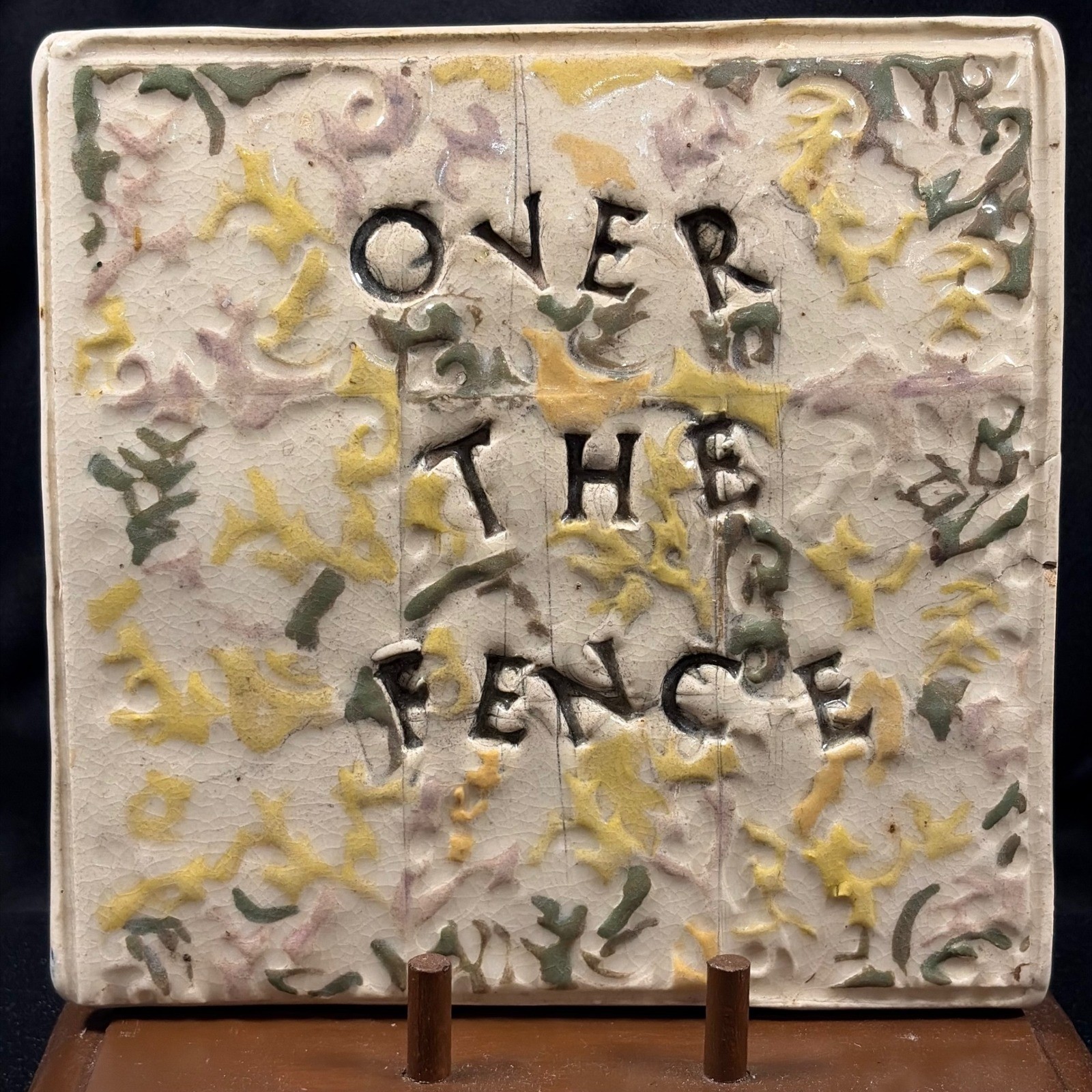 Antique Studio Pottery Tile Over The Fence Ceramic Folk Art Hand Painted Relief