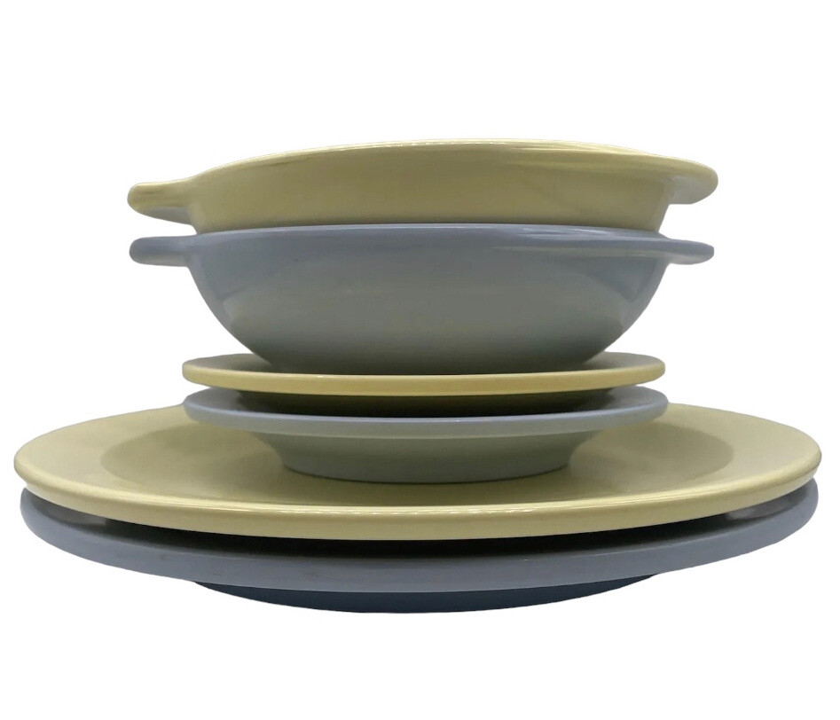 Vtg MCM Boonton Ware Set Blue Gold Melamine Dinnerware Plates & Bowls 6 Pieces