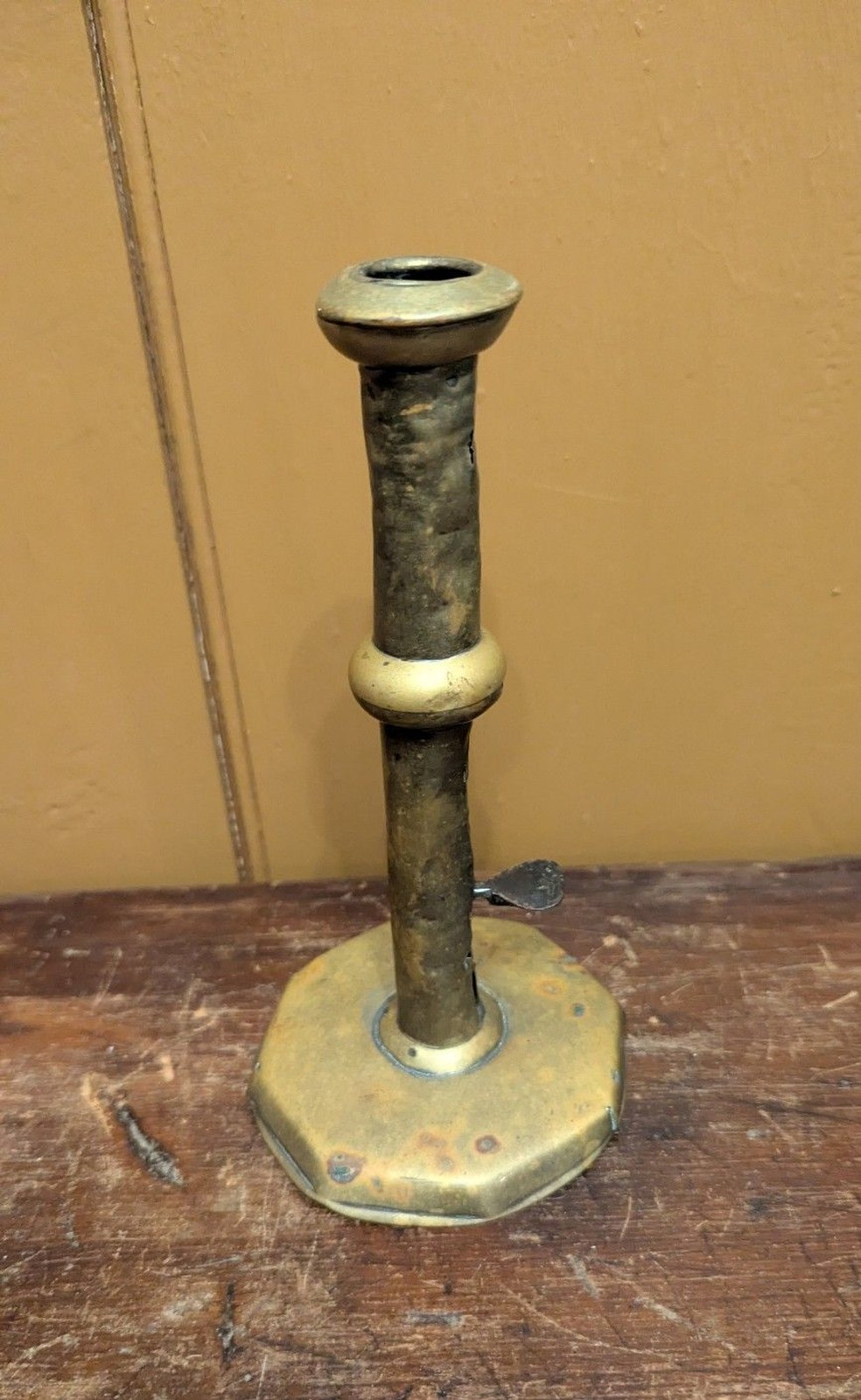 Antique Early Brass Hogscraper Wedding Ring Candlestick Holder 8.5 Antique Early Brass Hogscraper Wedding Ring Candlestick Holder 8.5