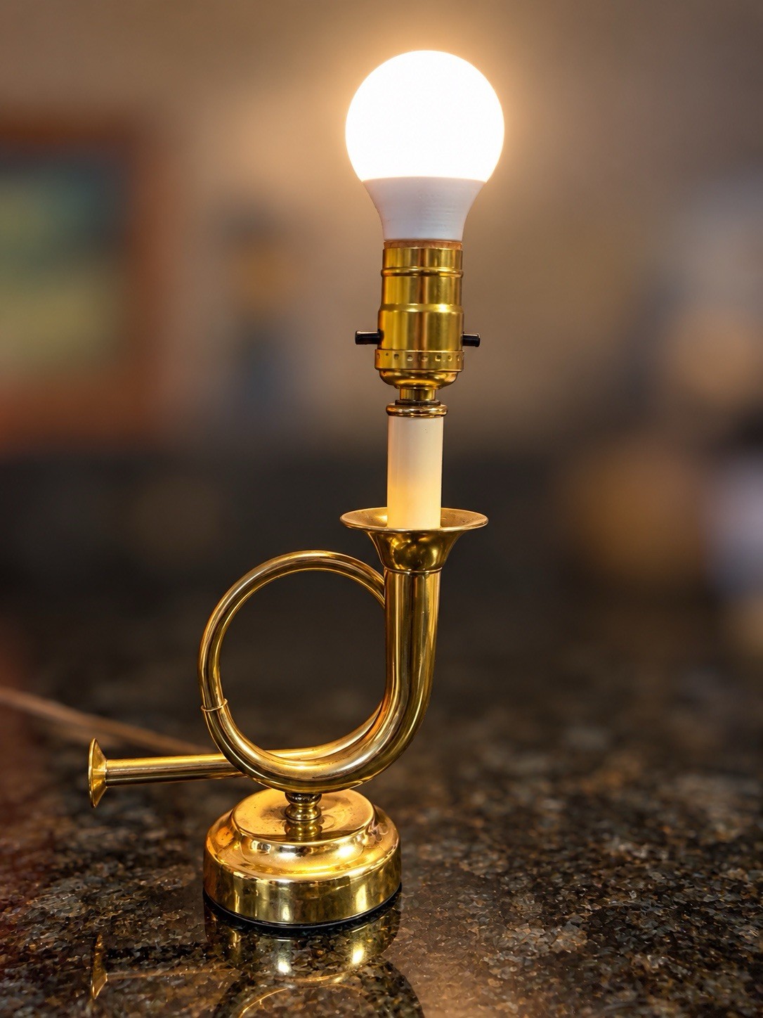 Vintage Brass French Horn Trumpet Lamp Leviton Socket Mid Century Musical Decor