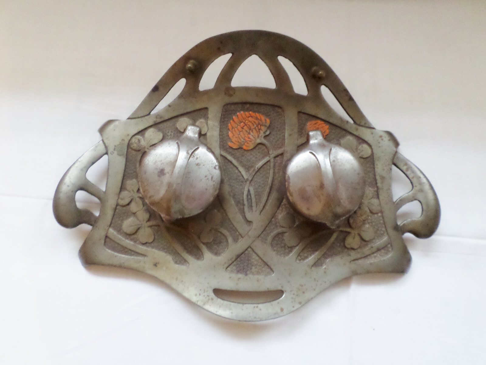 Antique Art Nouveau Austria Geschutzt Double Inkwell w Pen Holder, Flower Design