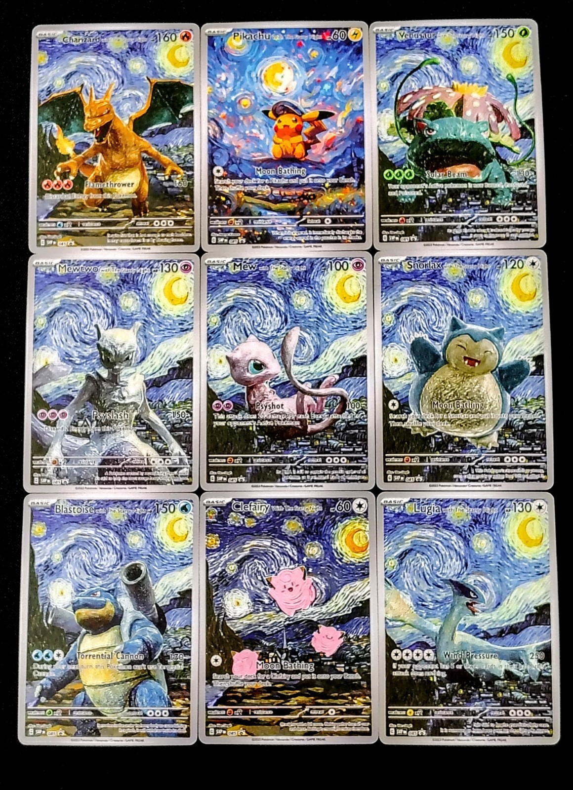 Van Gogh Starry Night Style Homage Fan Art Pikachu Mewtwo Charizard Snorlax Set