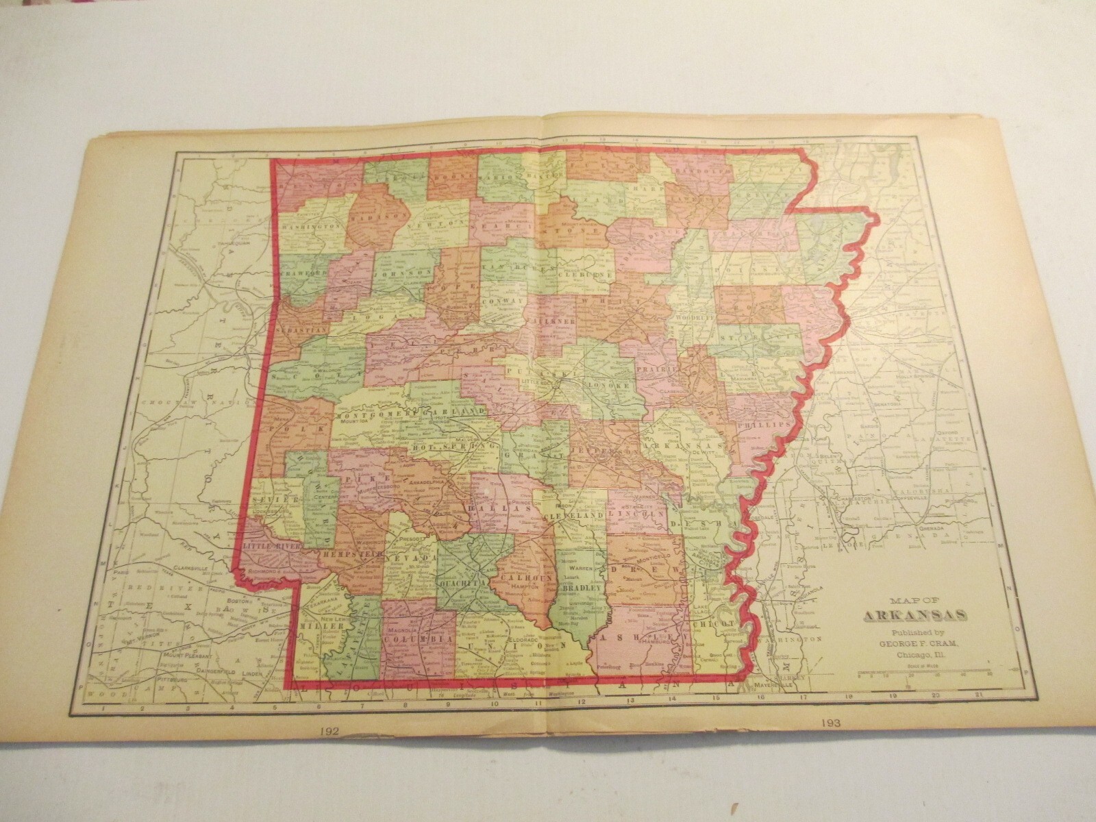 ANTIQUE MAP OF ARKANSAS CRAM\'S ATLAS 1905 23 X 14.5 ANTIQUE MAP OF ARKANSAS CRAM\'S ATLAS 1905 23 X 14.5