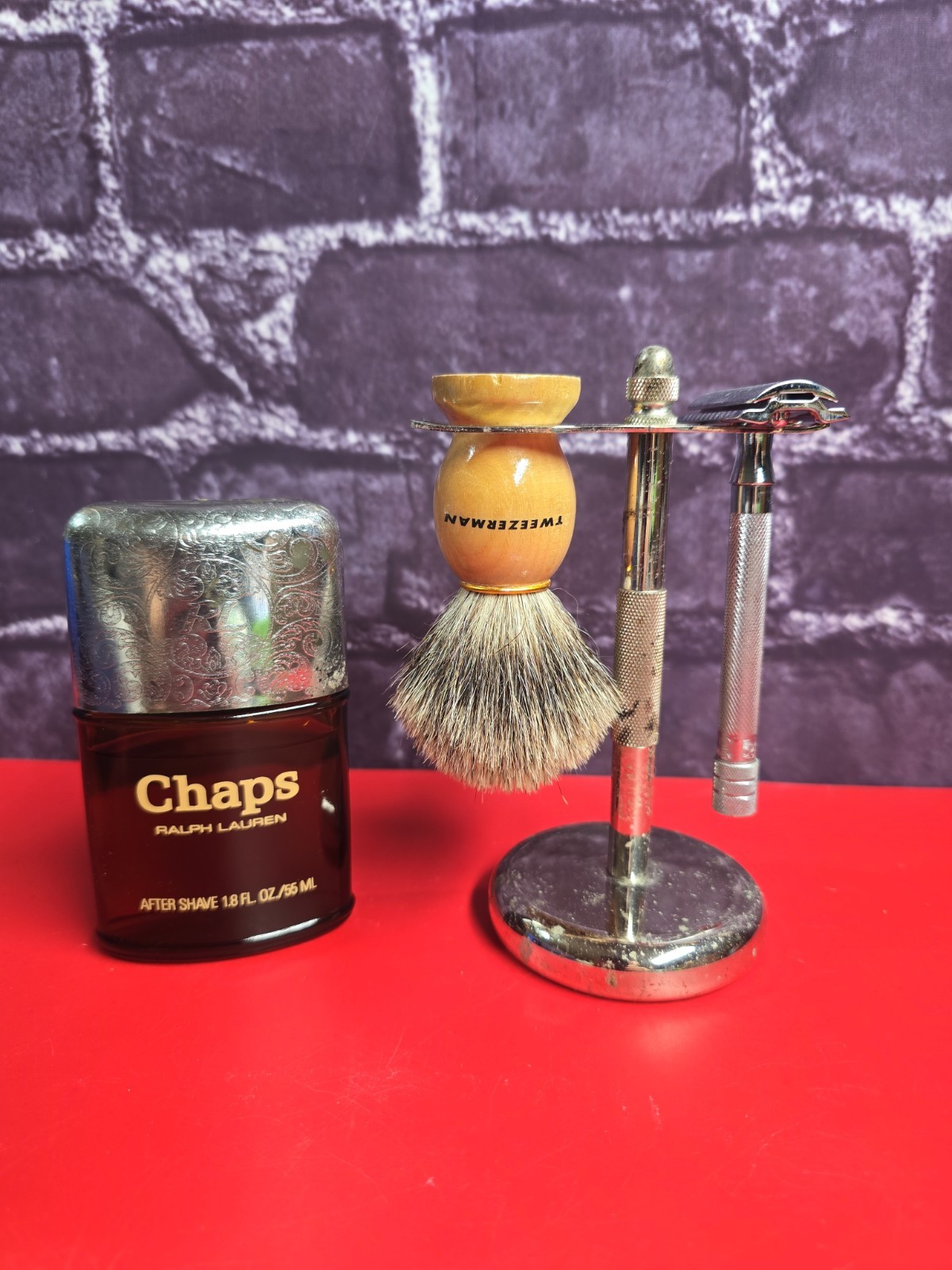 Vintage Ralph Lauren Chaps After Shave 1.8oz & Tweezerman Safety Razor Brush Set