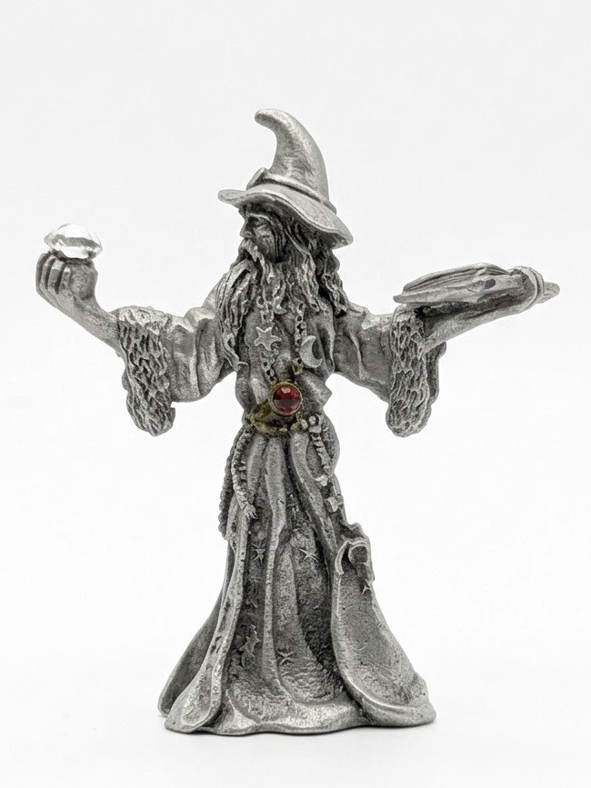 Vintage Gallo Ridolfi Vahre Pewter Wizard Figurine Spell Book Crystal Gem Mythic