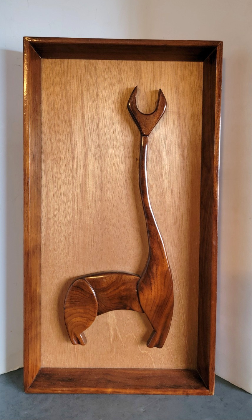Vintage MCM Danish Modern Carved Rosewood Deer Antelop Walnut Wall Art 24.5