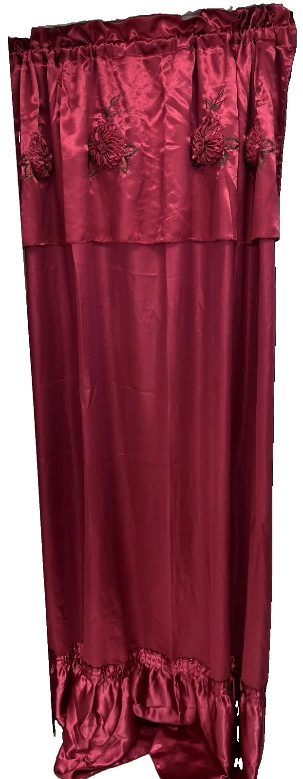 Vintage Red Satin Ruffled Curtain  Attached Valence & Large 3D Flowers Hollywood