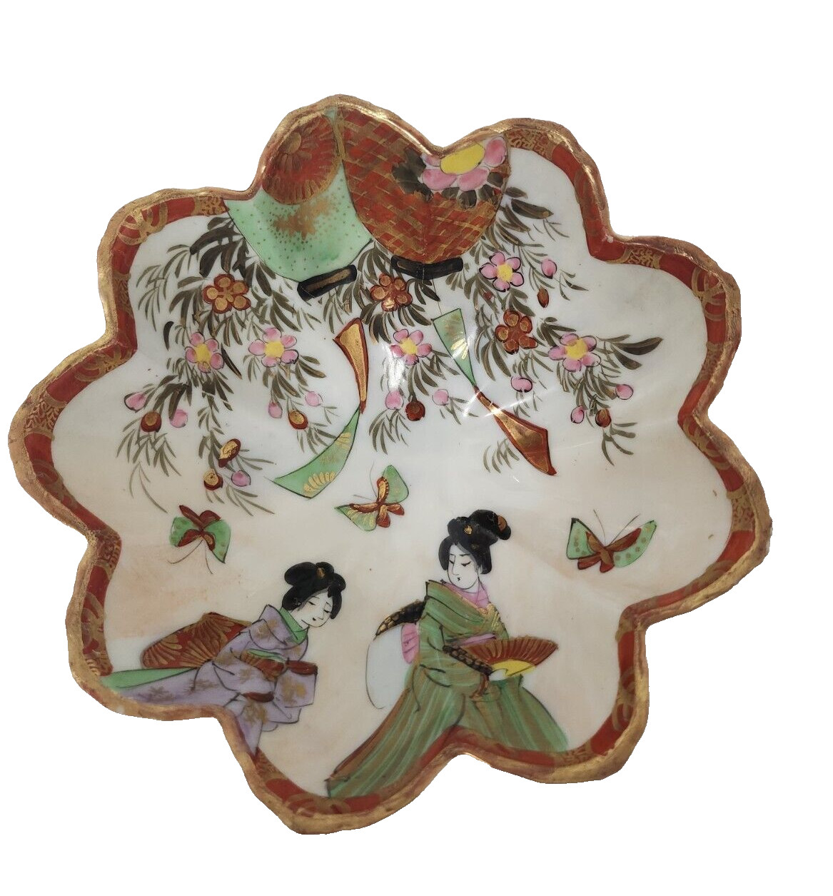 Vintage Japanese Gold Scalloped Edge Geisha Floral Footed Kutani Serving Bowl