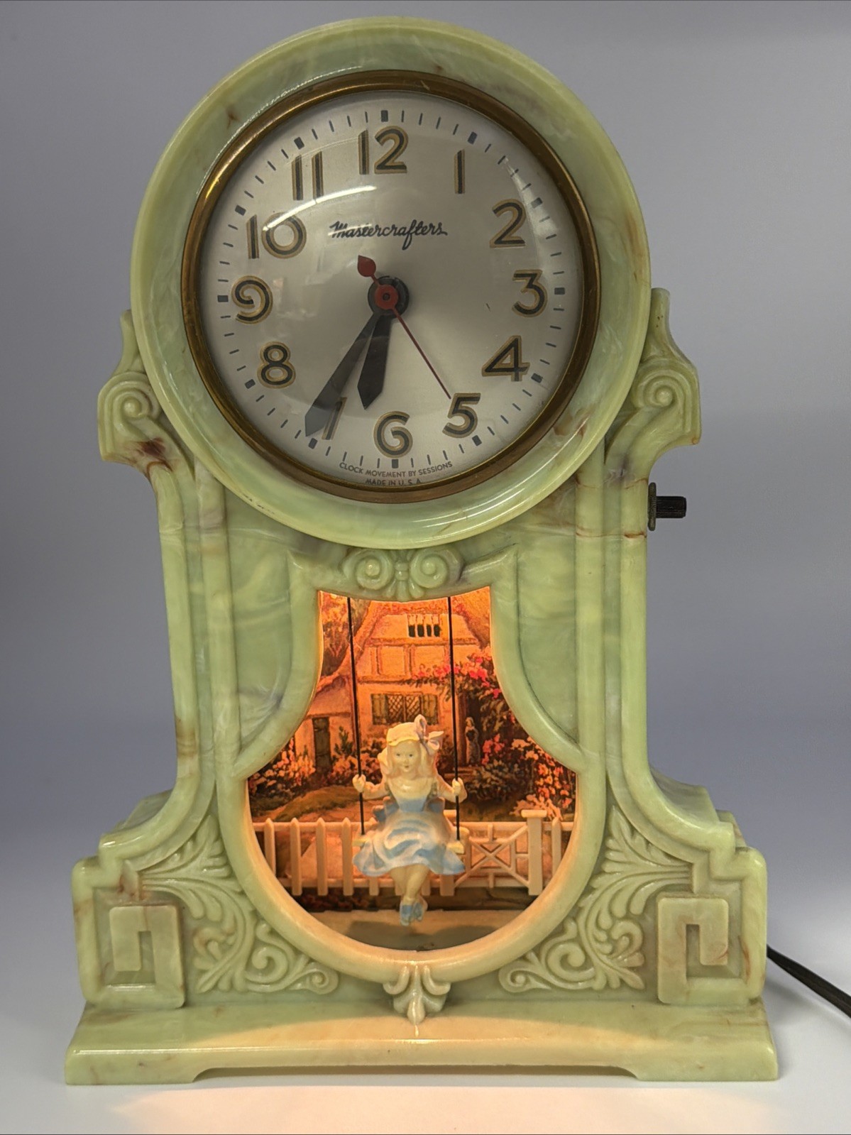Vintage Mastercrafters Swinging Girl Motion Clock Lighted Faux Green Onyx Works Vintage Mastercrafters Swinging Girl Motion Clock Lighted Faux Green Onyx Works