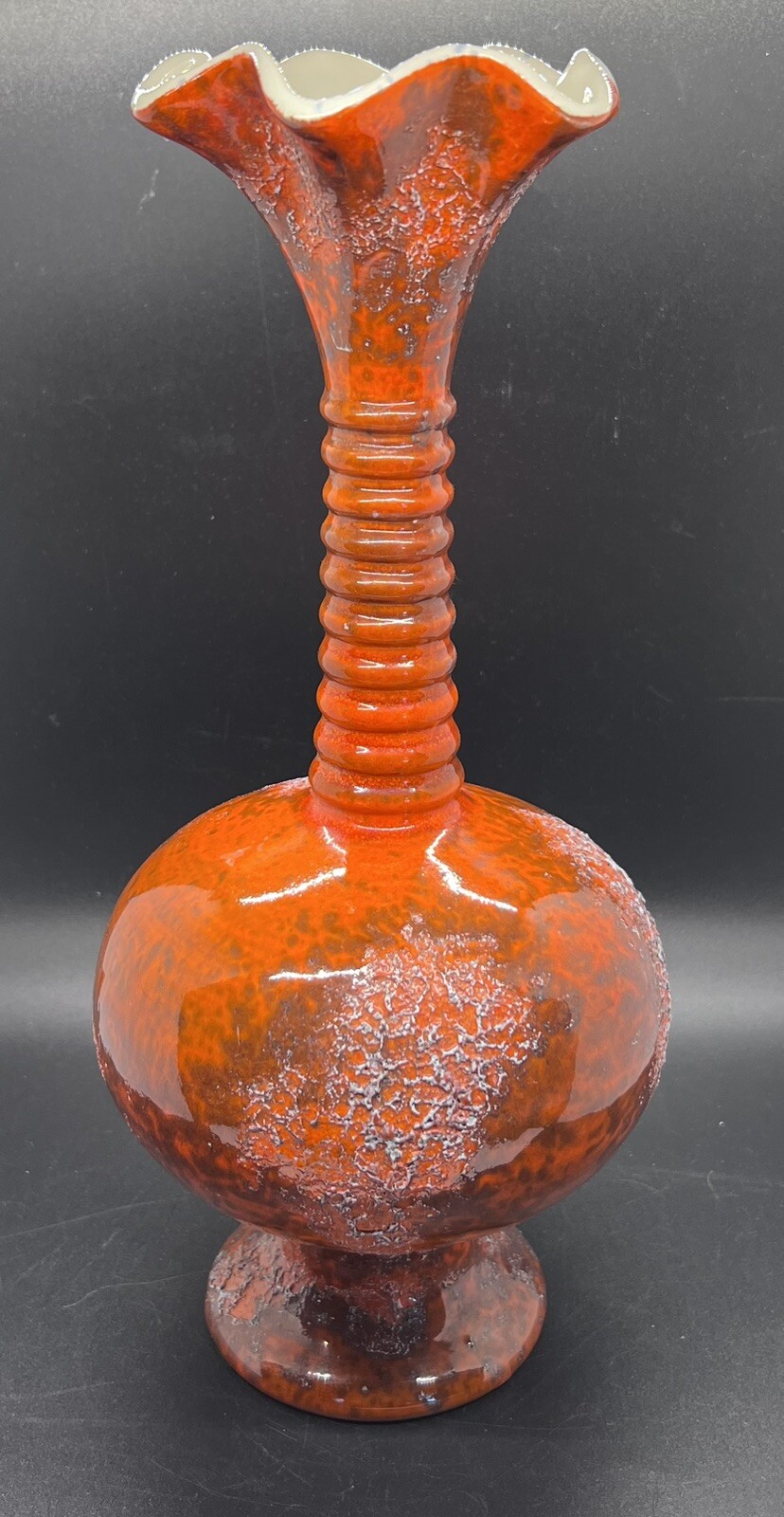 Vintage Orange Haeger Pottery Vase Textured  4043  Ribbed Neck Scalloped Rim 13”