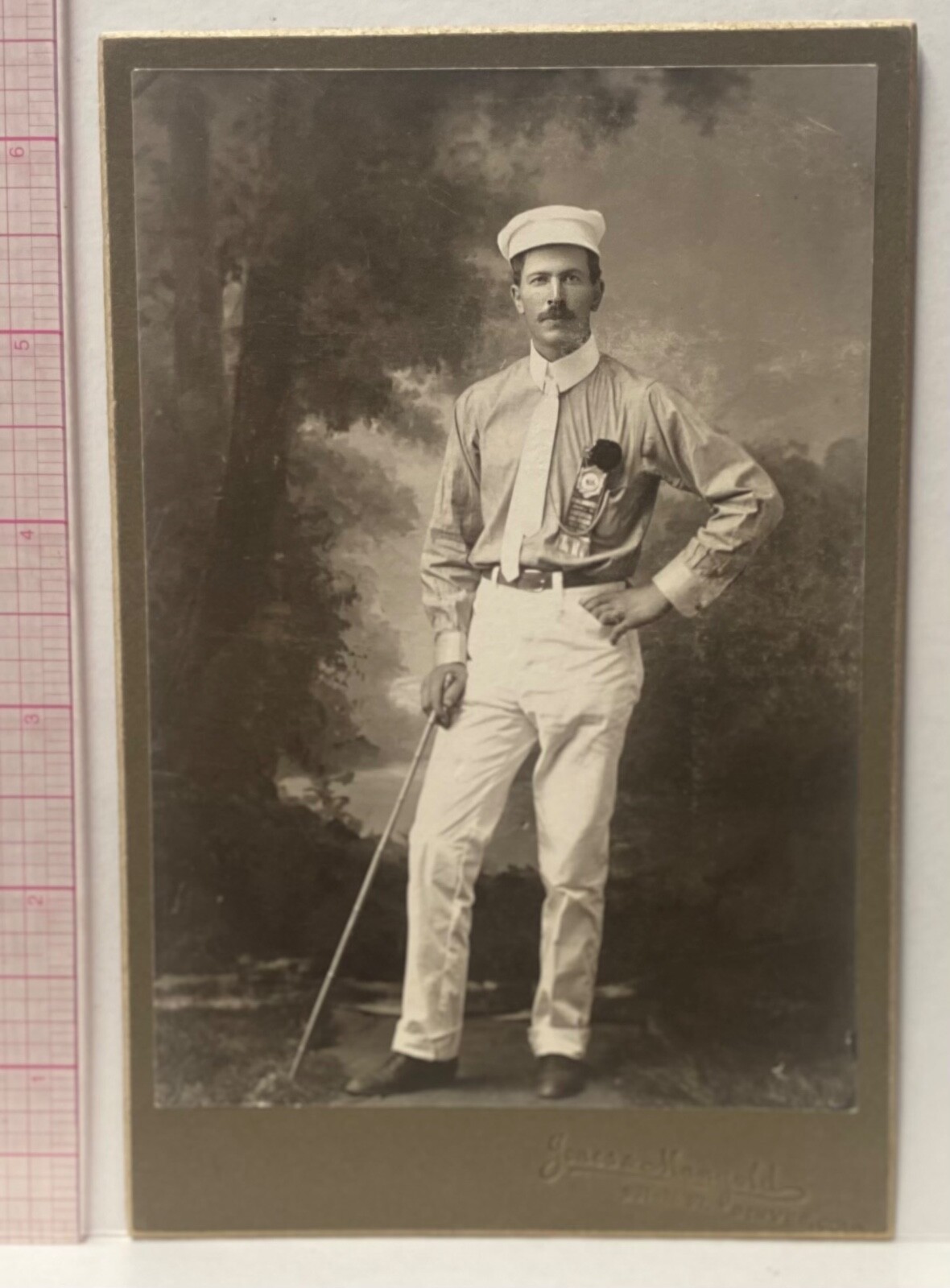 HANDSOME MAN wCANE~JAUNTY CAP~MEDAL~WHITE CLOTHES~DENVER CO~CABINET CARD PHOTO HANDSOME MAN wCANE~JAUNTY CAP~MEDAL~WHITE CLOTHES~DENVER CO~CABINET CARD PHOTO