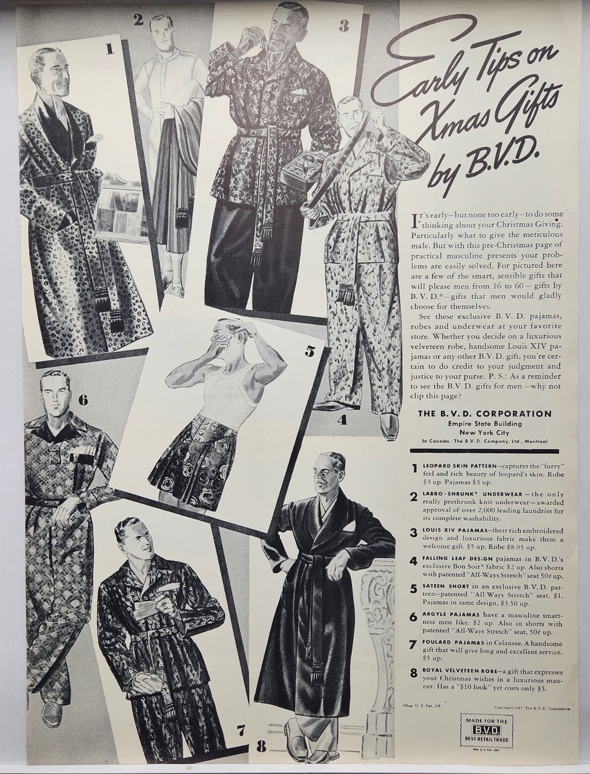 1937 BVD Bathrobe Pajamas Xmas Gifts Original Print Ad Life Magazine 30s