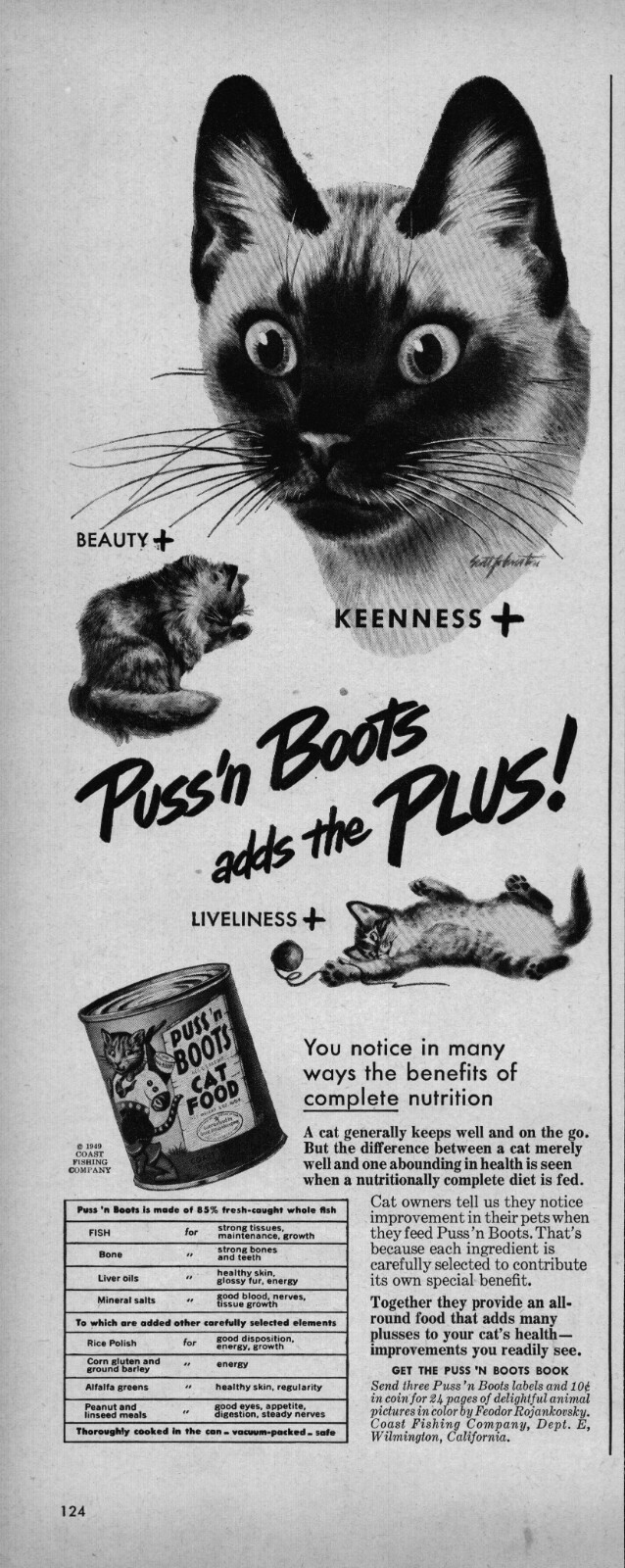 1949 Puss N Boots Cat Food Print Ad Canned Kitten Liveliness Ball Of Yarn