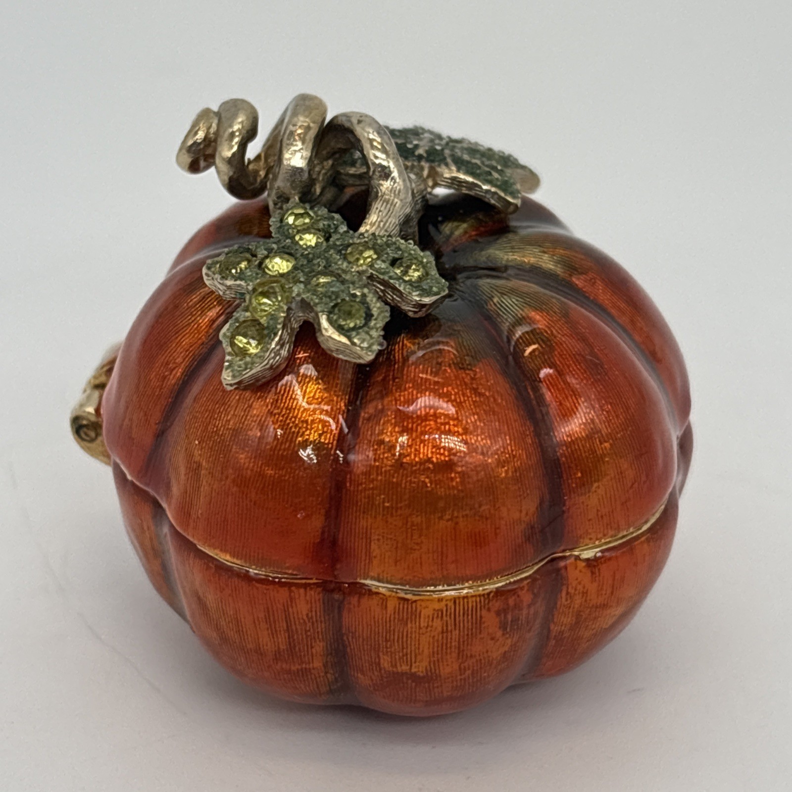 Vtg Monet Enameled Pumpkin Trinket Box Rhinestones Hinged Magnetic Closure