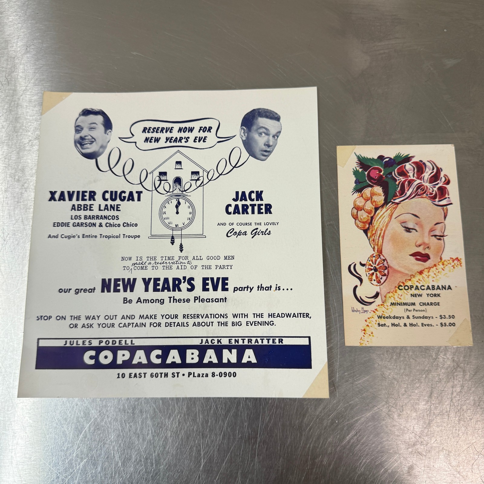Vtg. COPACABANA Xavier Cugat / Jack Carter Advertising Handbill w/ Postcard