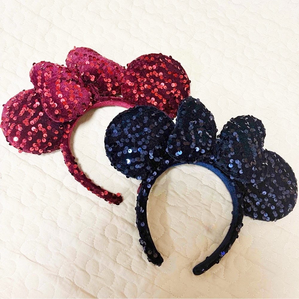 2PCS Disney- Dark Red & Midnight Blue Velour Sequin Minnie Ears Bow Headband