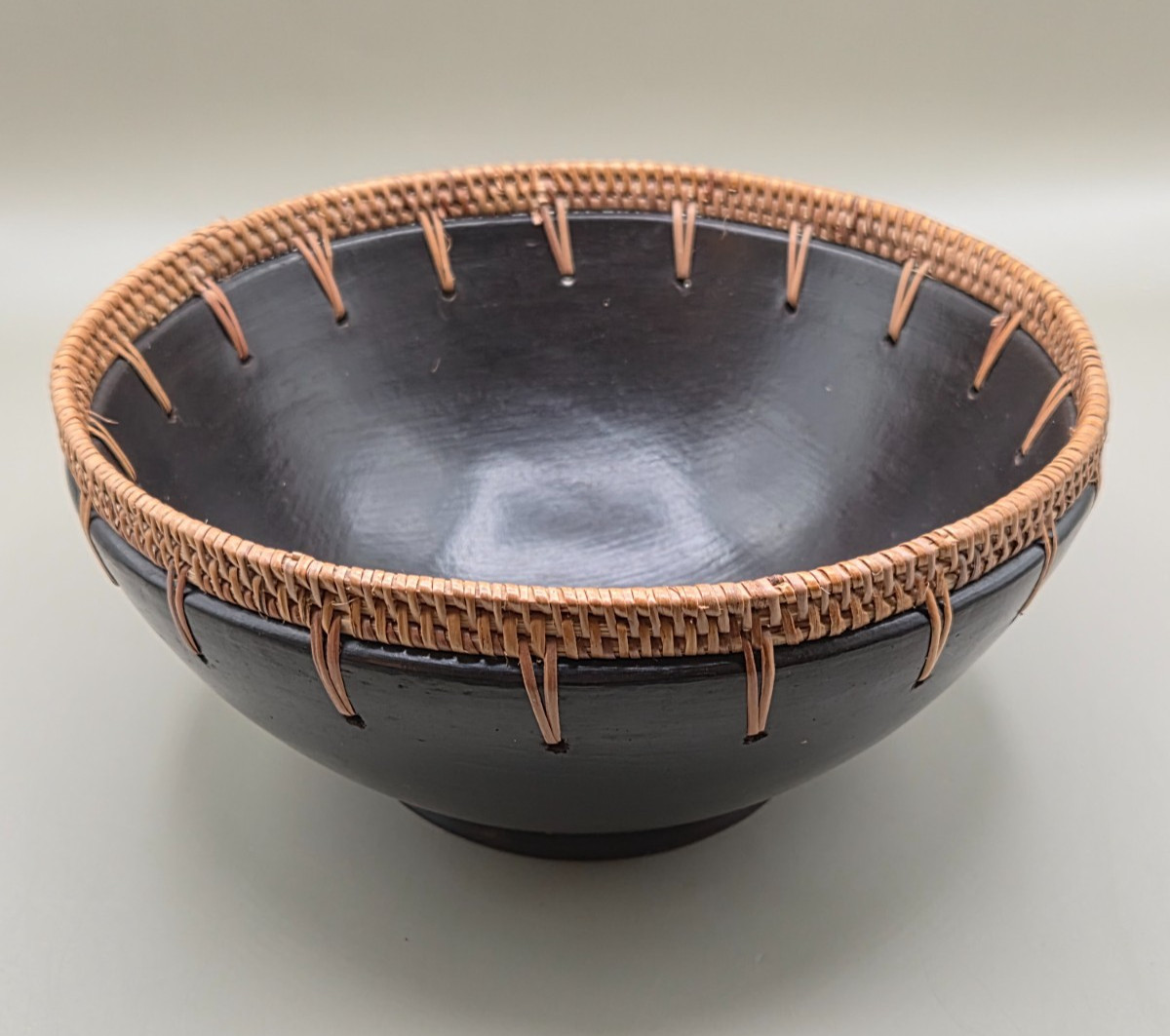 Vintage Sasak Indonesian Pottery Bowl - Woven Rattan Rim - Black Clay Tribal Art