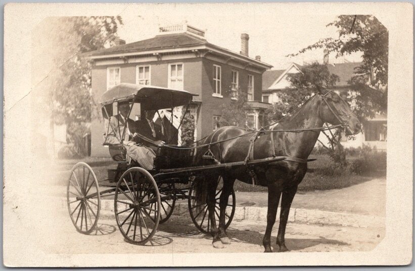 c1910s Real Photo RPPC Postcard Two Young Men in Horse Buggy / Street View