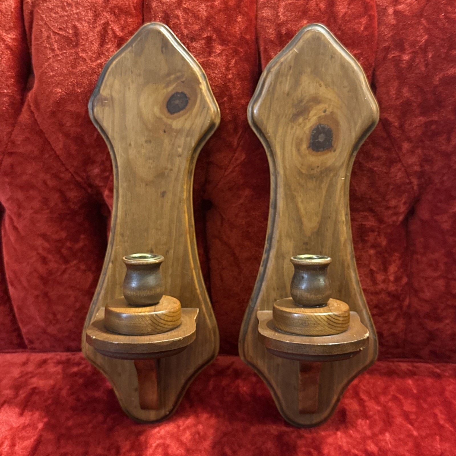 Vintage MCM Wood Wall Sconces Candle Holders Cottagecore Farmhouse Rustic 15”x 5