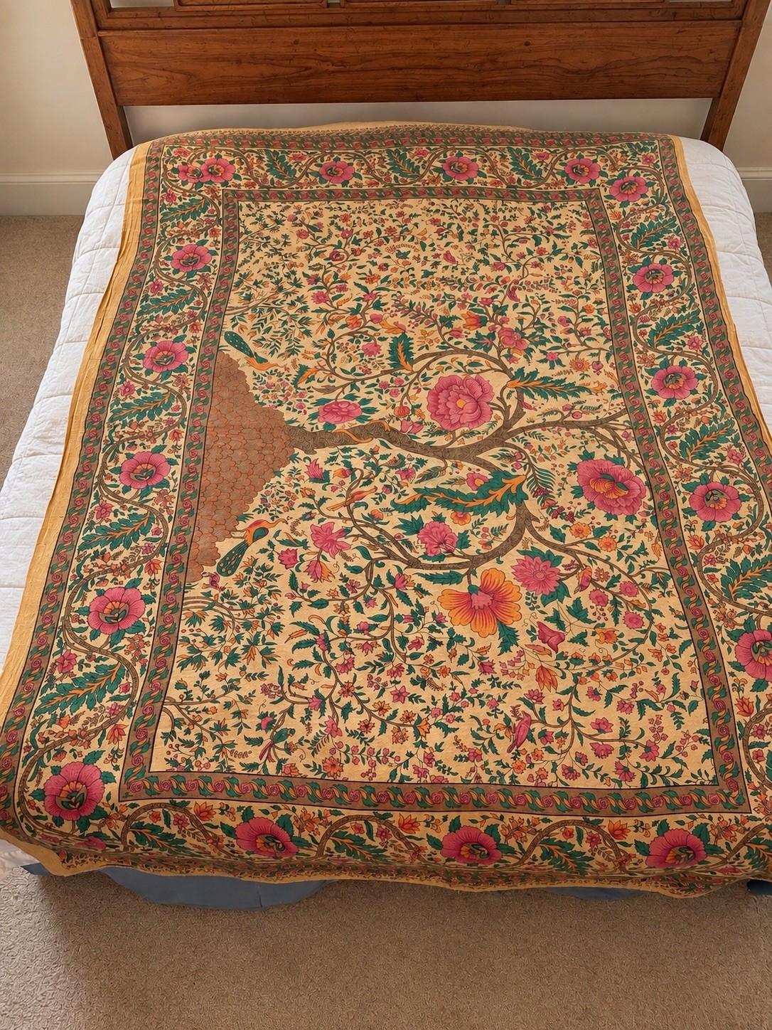 Vintage “India Arts” Handwoven Tree of Life Cotton Boho Bedspread Tapestry 92x65