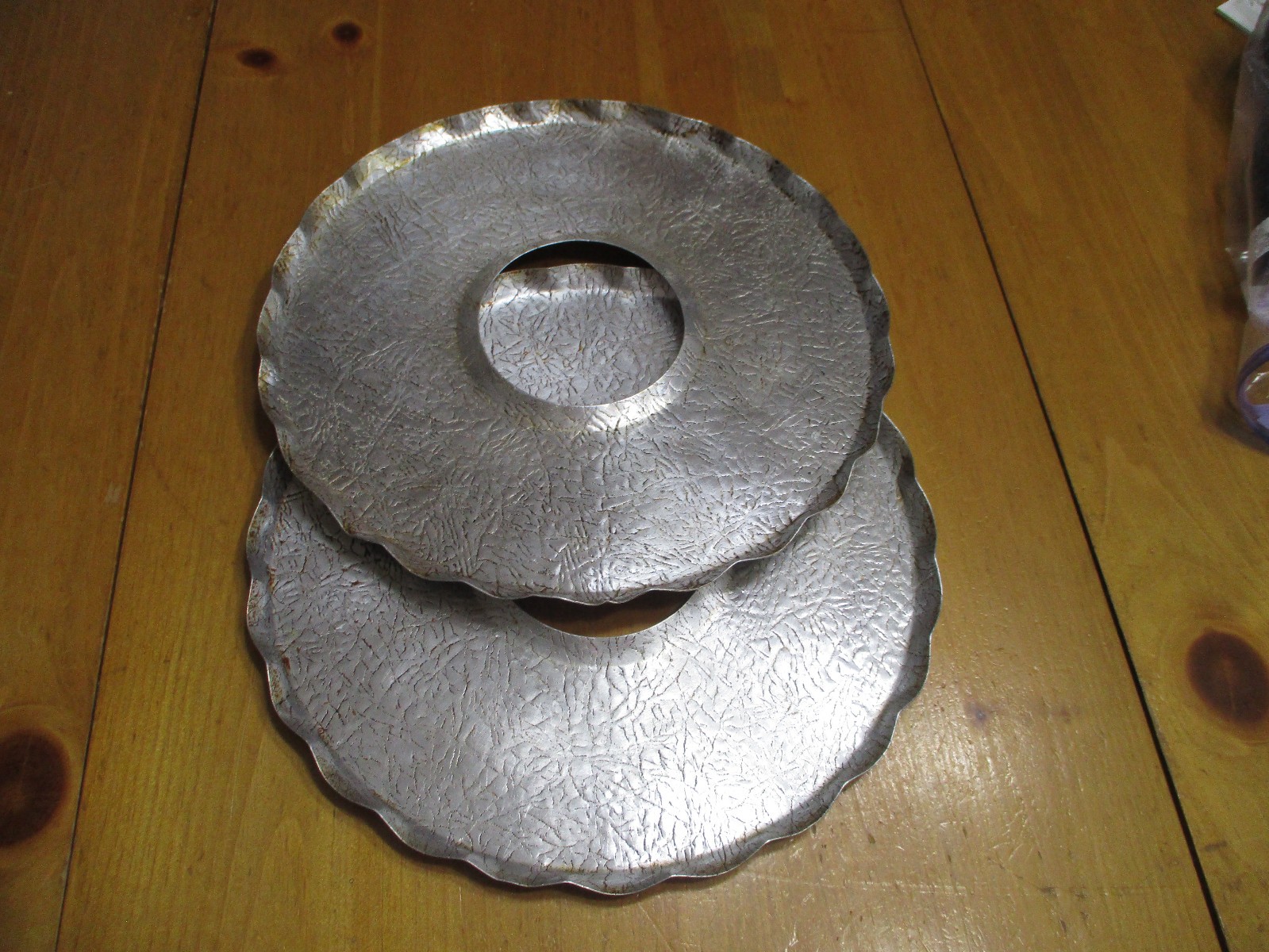 VTG 2- Mid Century Hand -Wrought Hammered Aluminum Tray,Center Cut Out,Drip Pan VTG 2- Mid Century Hand -Wrought Hammered Aluminum Tray,Center Cut Out,Drip Pan