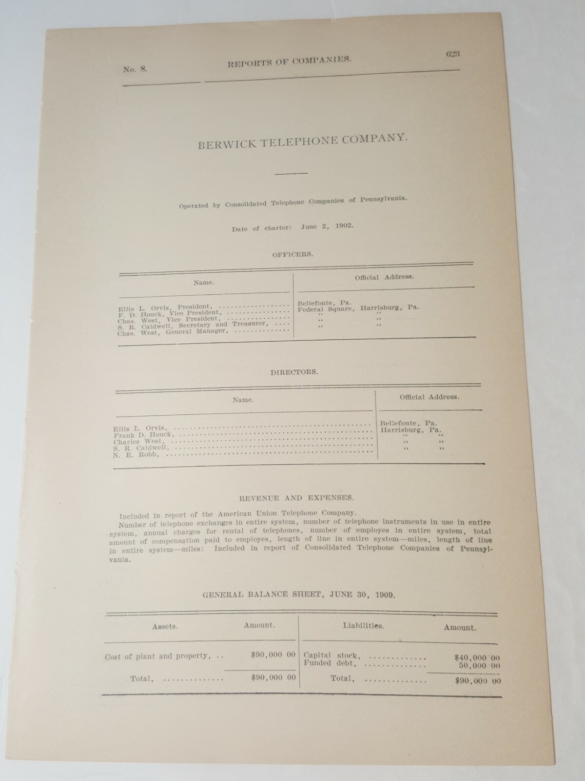 1910 document BERWICK TELEPHONE COMPANY Columbia Co.  ellis orvis Bellefonte PA 