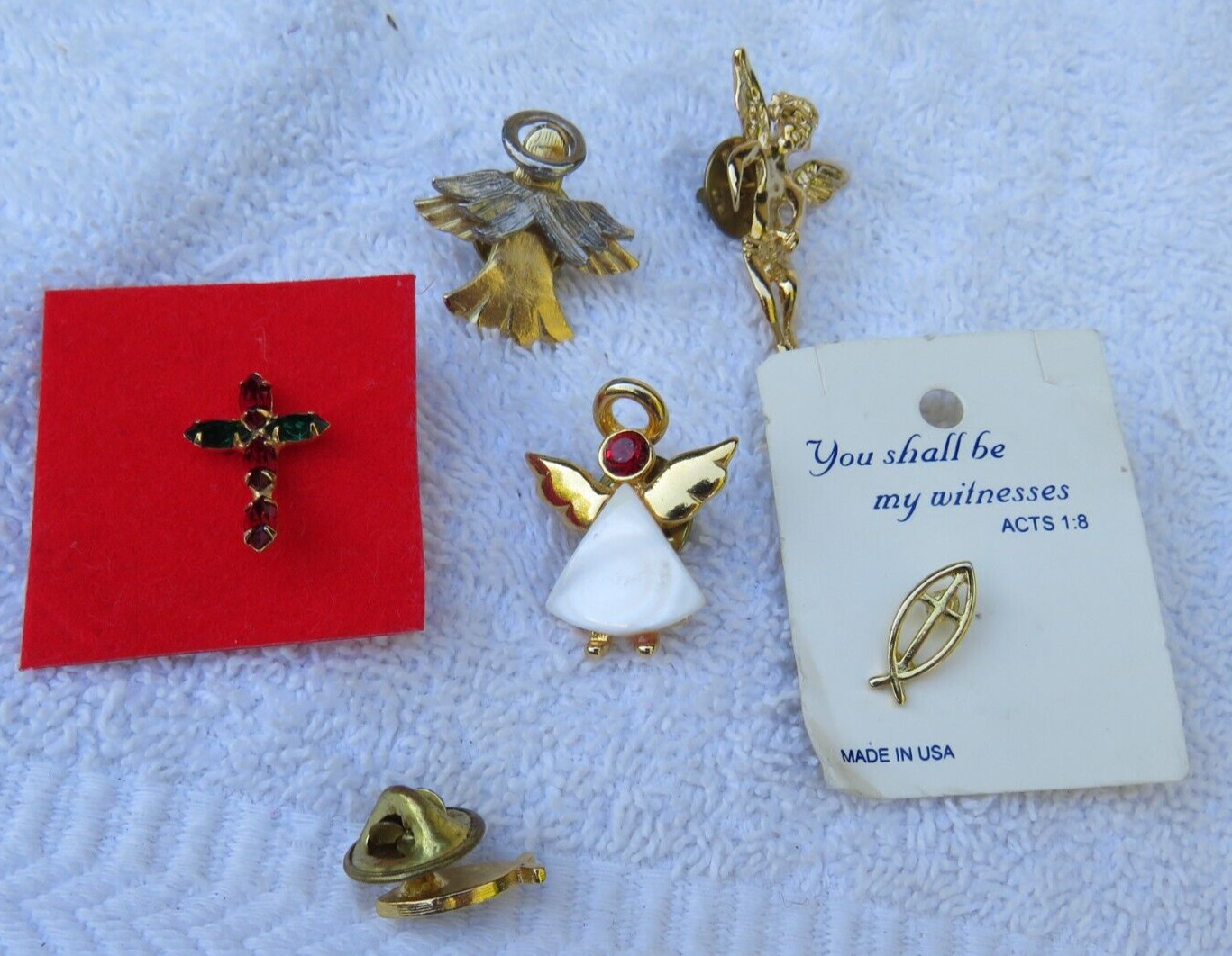 LOT OF 6 VINTAGE RELIGIOUS Angels, Crosses, Fish Pins.