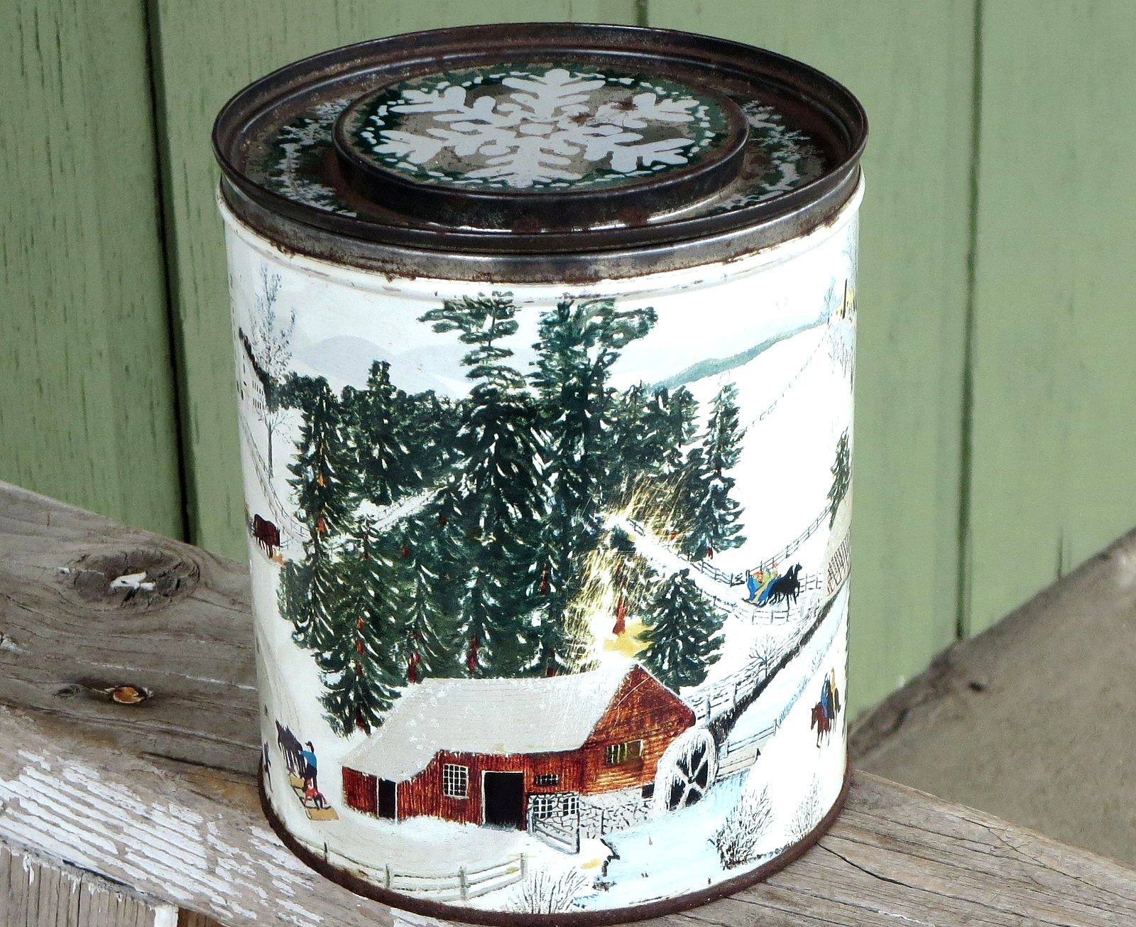 Vintage (1959) Grandma Moses Winter Scene Kitchen Tin Can Jar