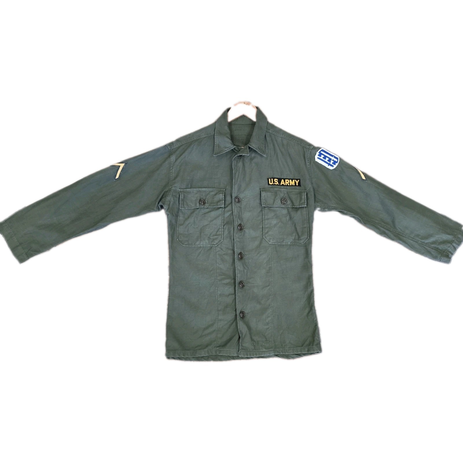 Vtg 1950s US Army OG-107 Utility Shirt 4th Army Patch PFC Military Uniform Sz Sm