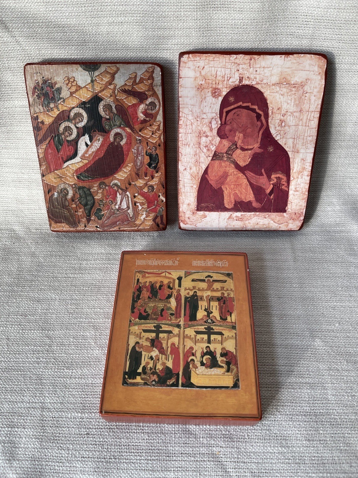 Set of Three Russian Orthodox Icon Plaques Wood Icons Passion of Christ Saviour
