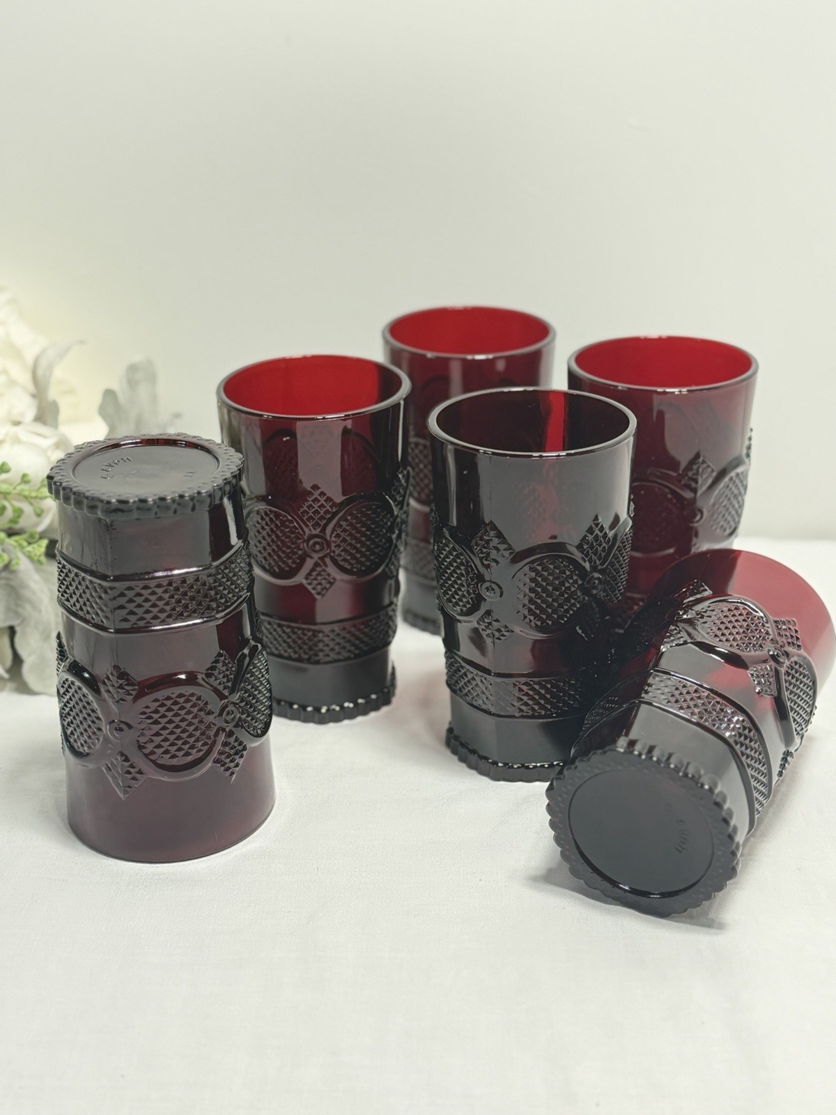 Vintage Avon 1876 Cape Cod Ruby Red Glass Tumblers - Set of 6 Vintage Avon 1876 Cape Cod Ruby Red Glass Tumblers - Set of 6
