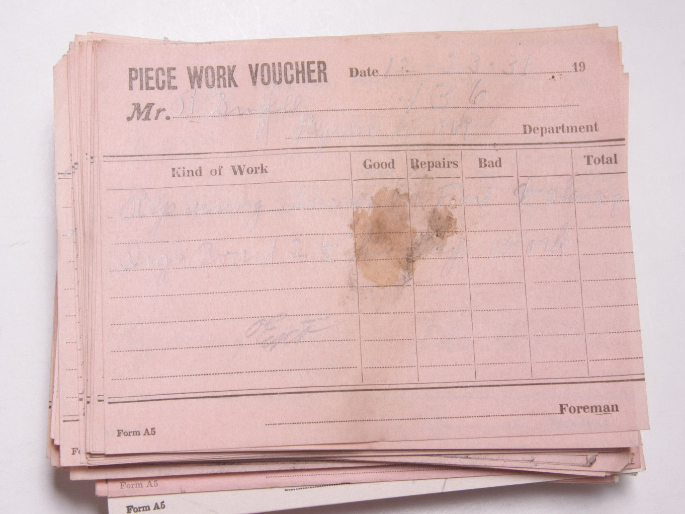 December 1931 Lamson Goodnow Piece Work Voucher Maunfacturing Pay Ephemera E39A December 1931 Lamson Goodnow Piece Work Voucher Maunfacturing Pay Ephemera E39A