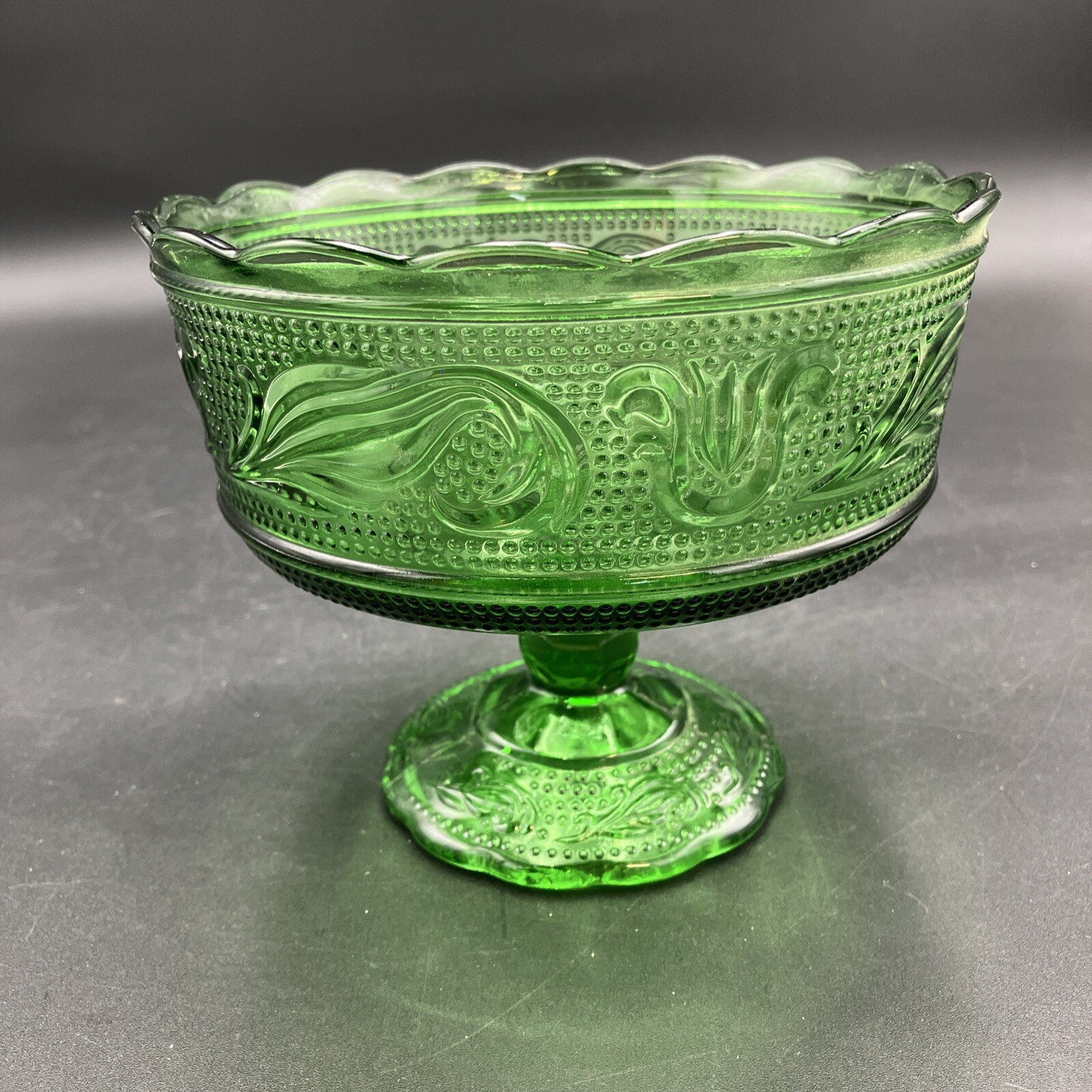Vintage E.O. Brody Green Glass Pedestal Compote Candy Dish Footed Bowl USA